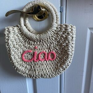 Small Woven Straw Bag with Pink 'Ciao' Embroidery